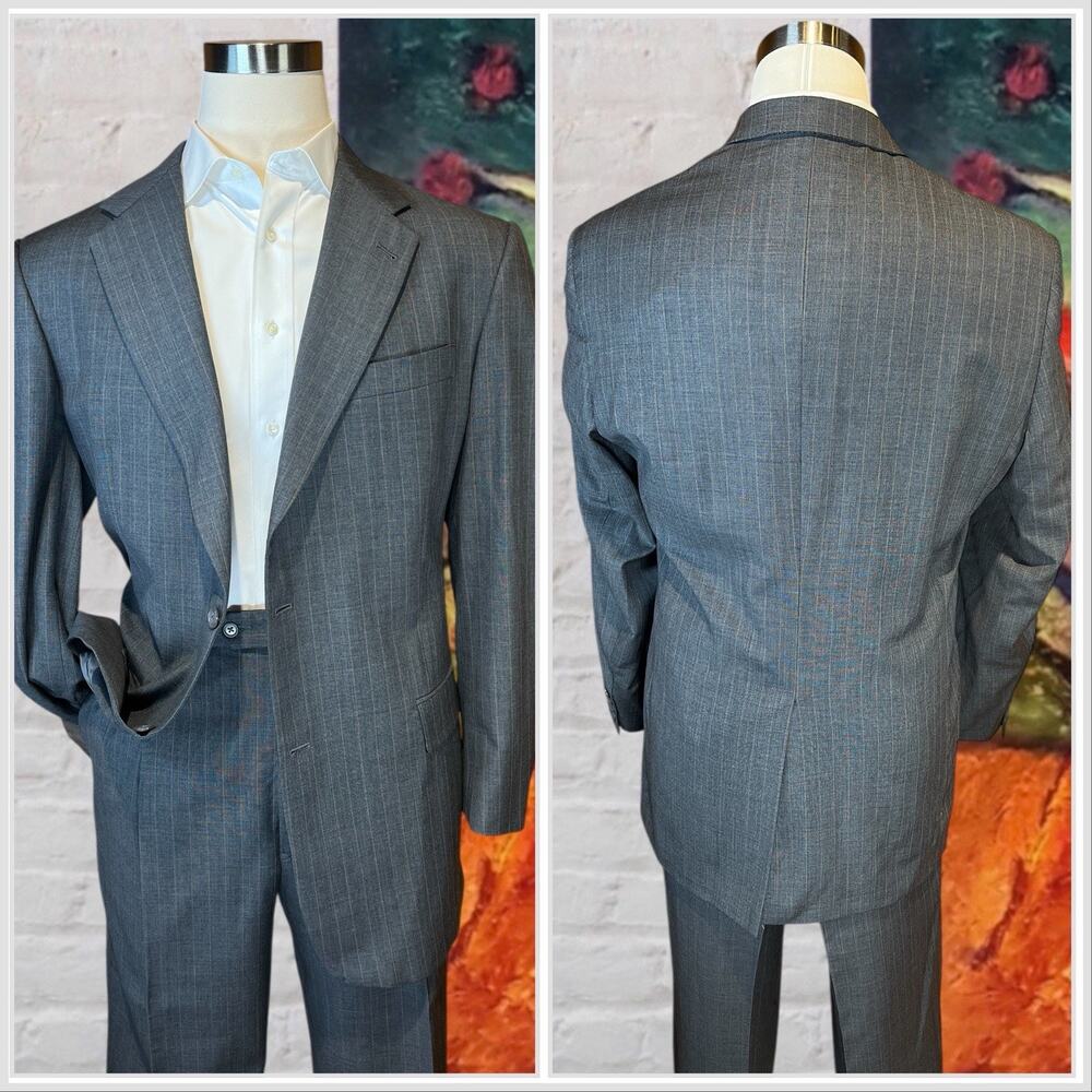 Hart Schaffner Marx 44L 37x30 Steel Gray Light Tan Stripe Suit Micro Hopsack - Picture 2 of 16